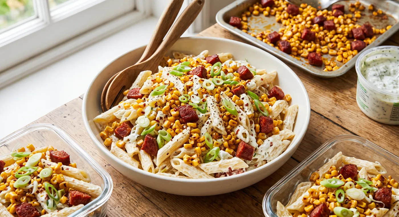 Creamy Sweetcorn Pasta Salad with Chorizo