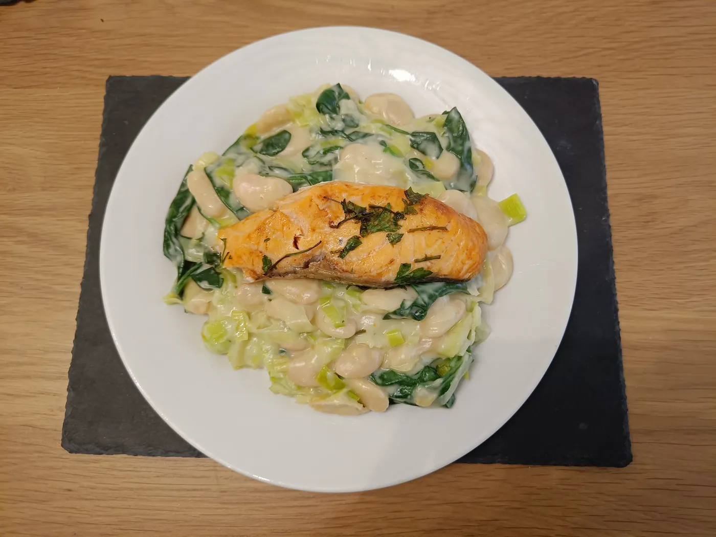 Creamy Butter Bean & Spinach with Lemon Salmon