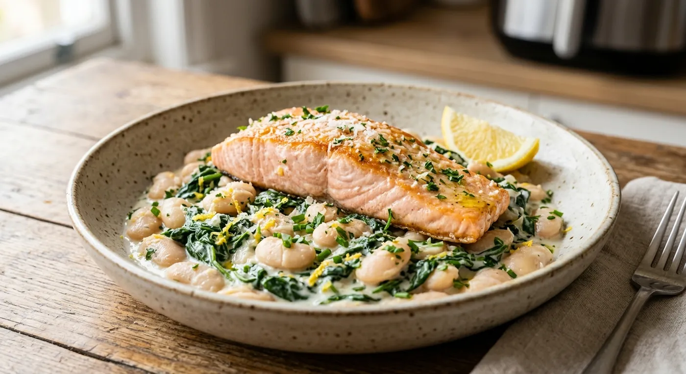 Creamy Butter Bean & Spinach with Lemon Salmon